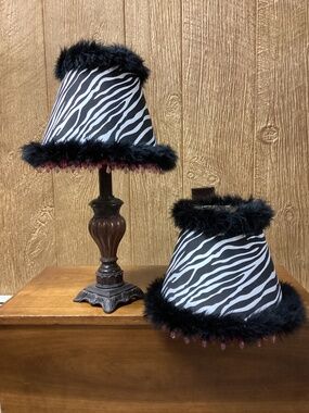 Custom Made Zebra Print w/Black Boa Feather Trim & Hot Pink Beading Lamp Shades